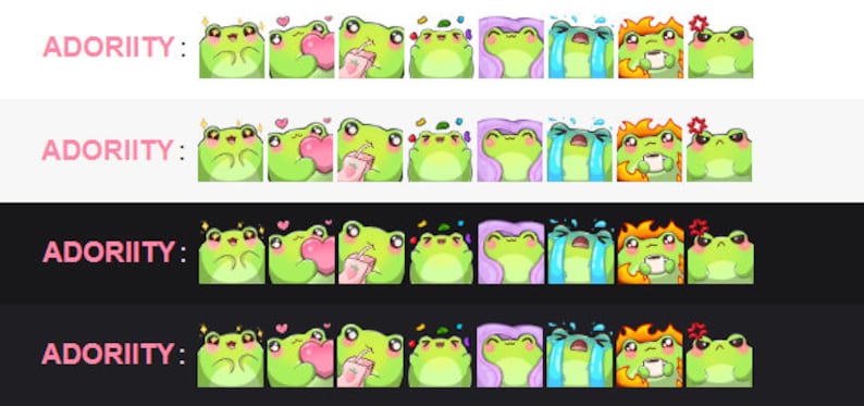 Puede incluir: Un conjunto de 10 emojis de rana con diferentes expresiones, incluyendo corazones, una bebida, una l&aacute;grima, fuego y una cara enojada. Los emojis est&aacute;n sobre un fondo blanco con el texto "ADORIITY:" en rosa.