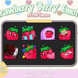 Puede incluir: Un conjunto de ocho emoticonos digitales de fresa con diferentes expresiones, incluyendo una fresa con un cuchillo, una fresa llorando, una fresa con un coraz&oacute;n y una fresa con un sombrero 'DUM'. Los emoticonos est&aacute;n en un formato de cuadr&iacute;cula sobre un fondo negro.