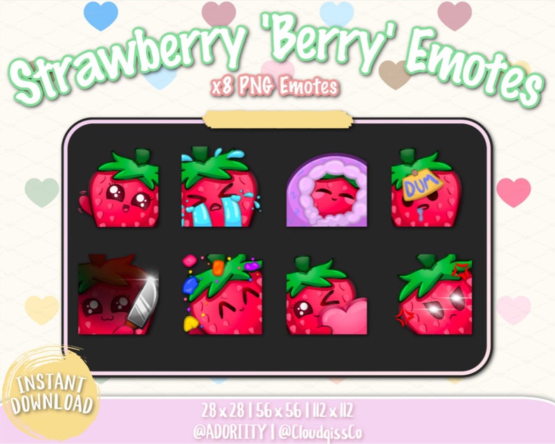 Puede incluir: Un conjunto de ocho emoticonos digitales de fresa con diferentes expresiones, incluyendo una fresa con un cuchillo, una fresa llorando, una fresa con un coraz&oacute;n y una fresa con un sombrero 'DUM'. Los emoticonos est&aacute;n en un formato de cuadr&iacute;cula sobre un fondo negro.
