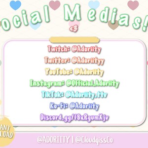 Puede incluir: Un gr&aacute;fico rosa y blanco con el texto "Social Medias!!!" en verde. El gr&aacute;fico enumera los identificadores de redes sociales para el usuario "@Adoriity" en plataformas como Twitch, Twitter, YouTube, Instagram, TikTok, Ko-Fi y Discord.