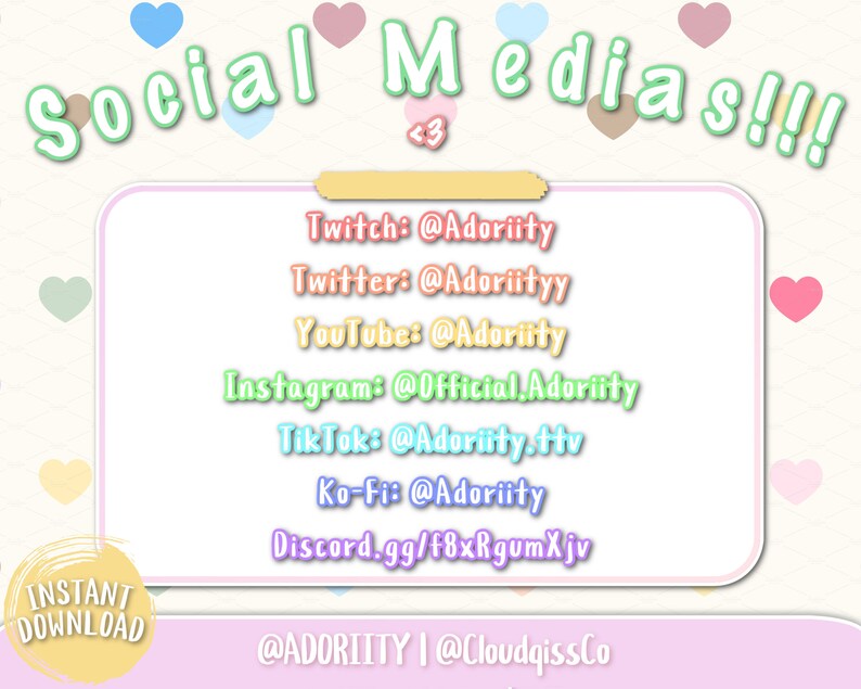 Puede incluir: Un gr&aacute;fico rosa y blanco con el texto "Social Medias!!!" en verde. El gr&aacute;fico enumera los identificadores de redes sociales para el usuario "@Adoriity" en plataformas como Twitch, Twitter, YouTube, Instagram, TikTok, Ko-Fi y Discord.