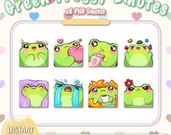8 emoticonos de rana verde / Twitch / Discord / YouTube / Kawaii / Lindo / Chibi / Para streamers