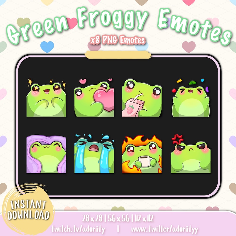 Puede incluir: Conjunto de ocho emoticonos de ranas verdes con diferentes expresiones, incluyendo feliz, enamorado, bebiendo, celebrando, usando una peluca, llorando, bebiendo caf&eacute; y enojado. Los emoticonos est&aacute;n sobre un fondo negro con el texto "Green Froggy Emotes" y "x8 PNG Emotes" en la parte superior. El texto "INSTANT DOWNLOAD" est&aacute; en la parte inferior izquierda, y el texto "28x28 | 56x56 | 112x112" est&aacute; en la parte inferior central. El texto "twitch.tv/adority | www.twitter/adorityy" est&aacute; en la parte inferior derecha.