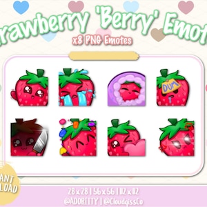 Puede incluir: Un conjunto de ocho emojis digitales con tem&aacute;tica de fresa que presentan una variedad de expresiones, incluyendo feliz, llorando, sonrojado y enojado. Los emojis est&aacute;n dise&ntilde;ados en un estilo de dibujos animados con colores brillantes y ojos grandes. El texto "Strawberry 'Berry' Emotes" y "x8 PNG Emotes" se muestra en la parte superior de la imagen. El texto "DUM" se muestra en uno de los emojis. El texto "INSTANT DOWNLOAD" se muestra en la parte inferior izquierda de la imagen. El texto "28 x 28 | 56 x 56 | 112 x 112" y "@ADORITTY | @CloudgissCo" se muestra en la parte inferior central de la imagen.