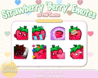 8 emoticonos de fresa 'Berry' / Twitch / Discord / Youtube / Lindos / Chibi / Kawaii / Para streamers