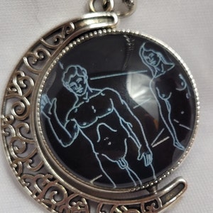 Crescent Moon, Double-Sided, Spinner Necklace with Pioneer 10 and 11 Plaque Images Fidget Tool for Anti-Anxiety and Focus