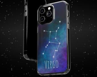 May include: A clear phone case with a galaxy-like design featuring the Virgo constellation and the word "VIRGO" printed on the bottom.