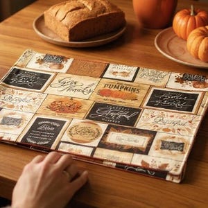 Peut inclure: Un set de table rectangulaire présentant une grille d'illustrations sur le thème de l'automne, incluant des citrouilles, des feuilles mortes et des textes calligraphiés comme Give Thanks, Pumpkins et Grateful dans des tons orange, brun et crème.