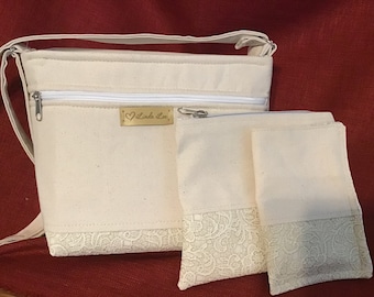 Ivory Canvas Purse with Faux Leather Purse with Makeup Bag and Glass Case, White Purse, Off White Purse, White Handbag, Gifts for Her
