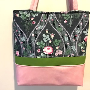 Pink Rose with Vegan Leather Purse, Floral Purse, Rose Handbag, Blue with Pink Roses Bag, Spring Flower Tote, Canvas Floral Bag