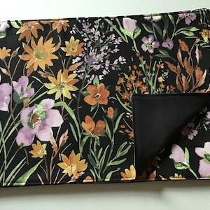 Flower Garden on Black Placemats, Reversible Placemats, Floral Gifts, Table Decor, Gifts for Her, Wildflower Garden Placemats, Floral Table
