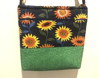 Yellow Sunflower on Black Purse, Sunflower Bag, Canvas Sunflower Purse with Vegan Leather, Modern Sunflower Print Purse, Sunflower Gift