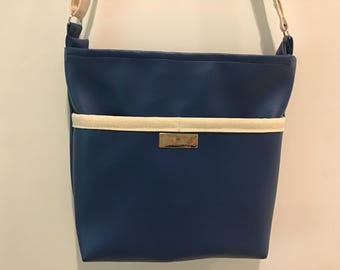 Blue Vegan Leather Purse, Blue Crossbody, Medium Purse, Gifts for Her, Travel Purse, Blue and Tan Purse, Vegan Leather Purse