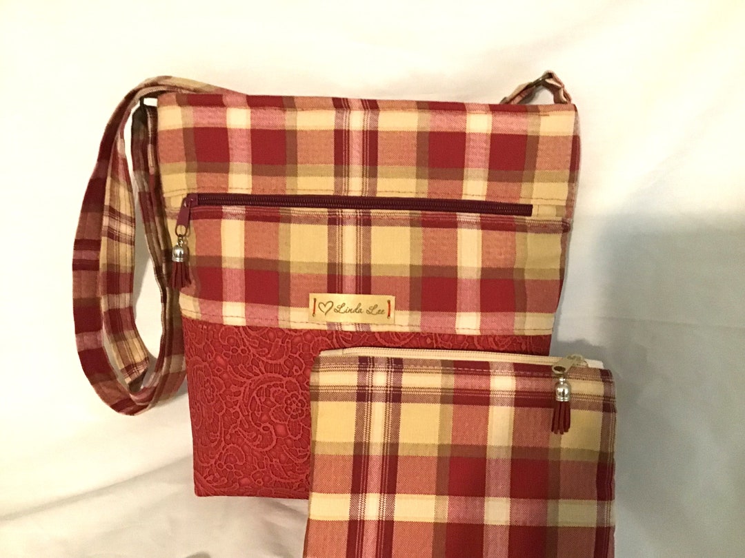 Burgandy Plaid Purse With Faux Leather, Burgandy Plaid Handbag, Plaid