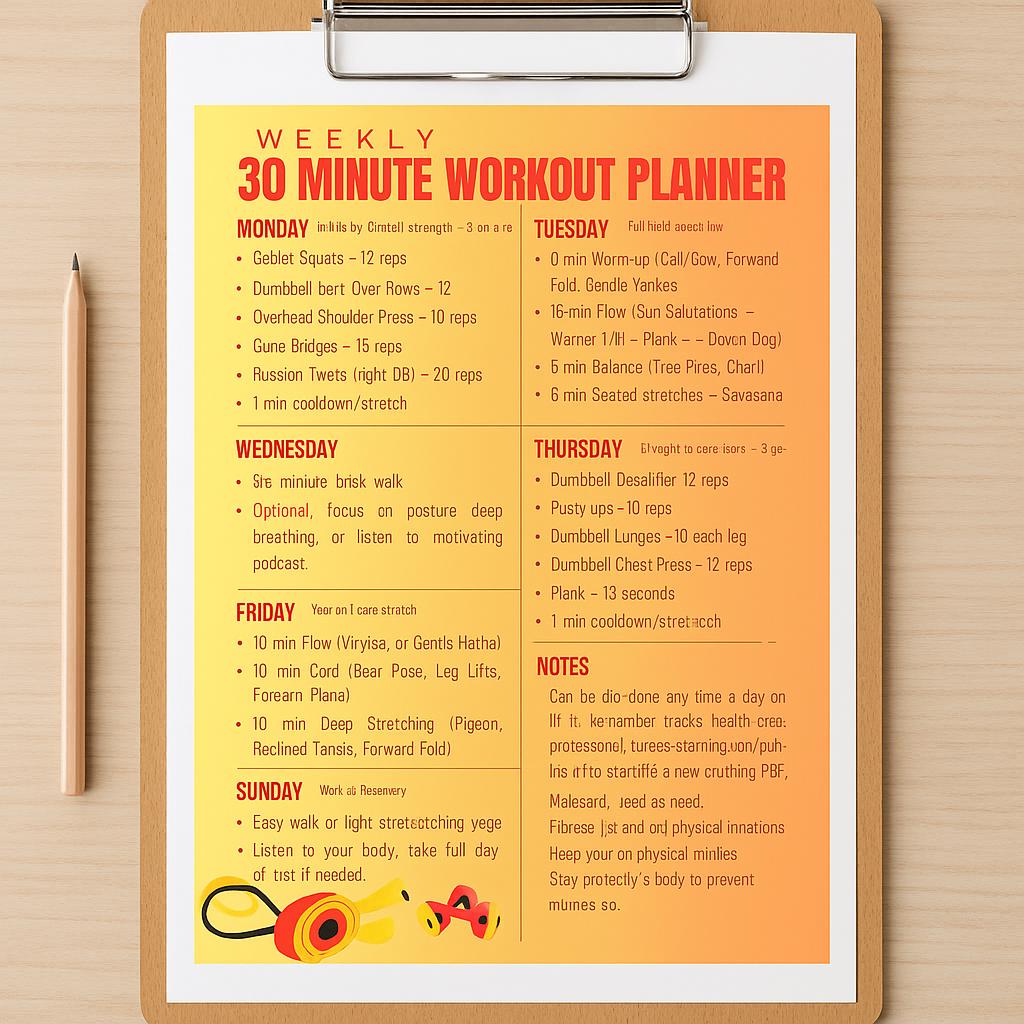 30-minute Weekly Workout Planner Printable Dumbbell Yoga