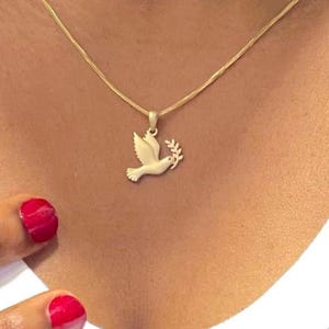 14k Gold Vermeil Dove Pendant | Peace Bird with Olive Branch & Black Spinel Eye | Symbolic Zodiac Gift