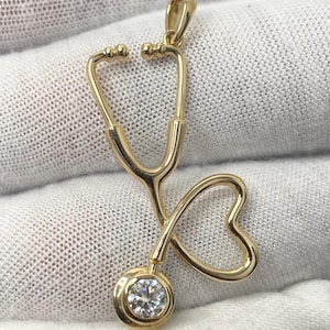 14k Solid Gold Stethoscope Pendant Charm: Moissanite Doctor Nurse Gift