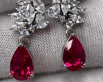 Lab‑Grown Ruby & Diamond Drop Earrings, Solid Sterling Silver Bridal Earrings, Red Gemstone Statement Jewelry