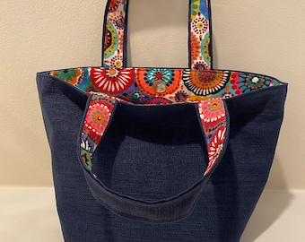 Reversible multi floral and navy tote