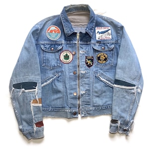 Vintage Wrangler denim jean jacket Worcester Salt bag Talon zipper thrashed repair faded distressed