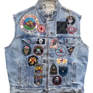 Kamizelka dżinsowa vintage Levis z lat 80. i 90. El Vencedor worek na mąkę zamek błyskawiczny Talon zniszczony naprawa wyblakły zniszczony Wietnam