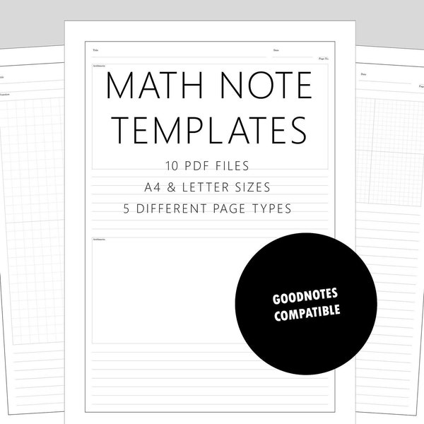 10 PDF stampabili, fogli di matematica, appunti di matematica, appunti per gli studenti, fogli di appunti digitali / 5 pagine distinte / Formato A4 e Lettera / Modello Goodnotes