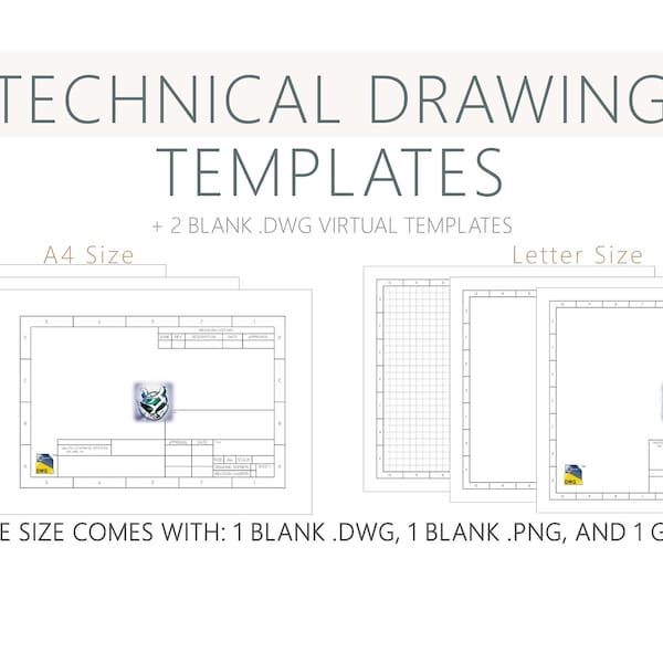 4 Printable PDF files | Technical Drawing Templates & 2 BONUS DWG Virtual Templates: Letter / A4 Page Sizes, Blank / Gridded Options.