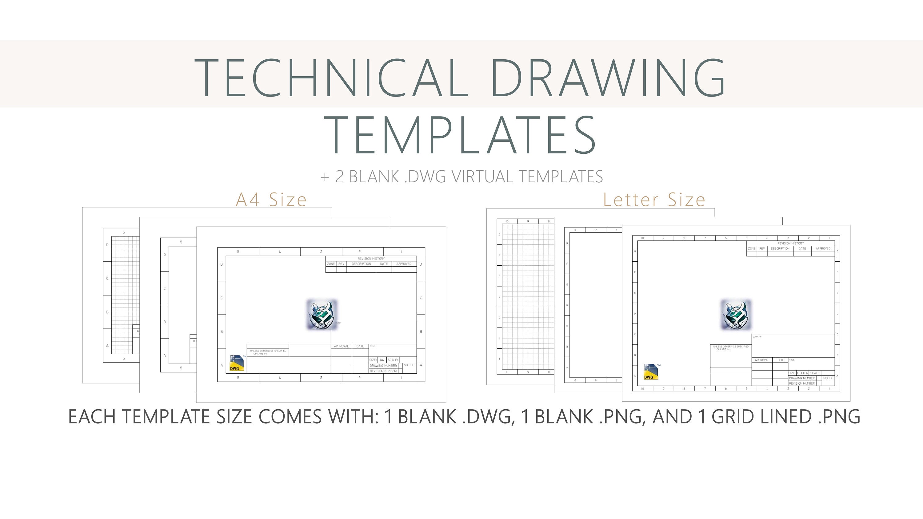 4 Printable PDF Files Technical Drawing Templates & 2 BONUS DWG