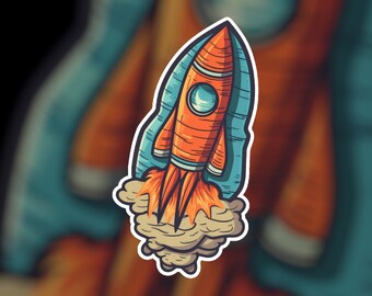 Könnte beinhalten: Eine Cartoon-Illustration eines roten und orangefarbenen Raumschiffs, das mit einer blauen und weißen Rauchwolke hinter sich abhebt.
