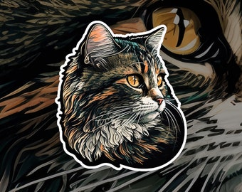 May include: A close-up of a tabby cat's face with green, brown, and orange fur. The cat has bright yellow eyes and a white patch on its nose. The cat is looking to the right of the image.