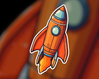 Könnte beinhalten: Eine Cartoon-Illustration eines orangefarbenen Raumschiffs mit blauen Akzenten und einer Flamme, die aus dem Boden kommt. Das Raumschiff befindet sich auf einem Aufkleber.