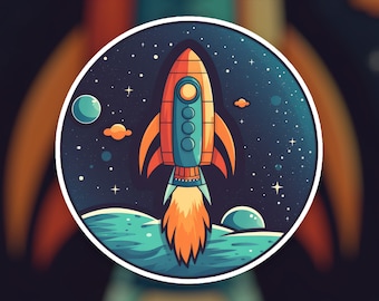 Könnte beinhalten: Eine Retro-Rakete mit orangefarbenen und blauen Akzenten startet ins All. Die Rakete ist von Sternen und Planeten umgeben, was eine fantasievolle und farbenfrohe Szene erzeugt.