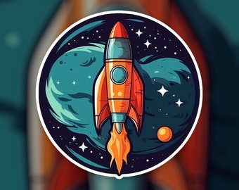 Könnte beinhalten: Eine Cartoon-Illustration eines roten und orangefarbenen Raumschiffs, das durch den Weltraum fliegt. Die Rakete ist von Sternen und einem blauen und grünen Planeten umgeben. Die Rakete hat eine Flamme, die aus dem Heck kommt.