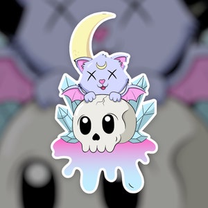 Creepy Pastel Goth Kawaii Skull and Cat Sticker