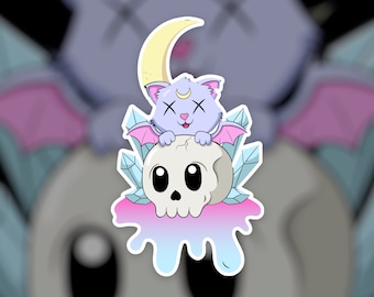 Kuslig pastellgoth kawaii skalle och katt klistermärke