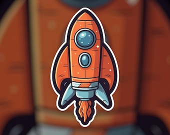Könnte beinhalten: Eine Cartoon-Illustration eines orangefarbenen Raumschiffs mit blauen Flammen und zwei runden Fenstern. Das Raumschiff ist weiß umrandet und hat einen weißen Hintergrund.