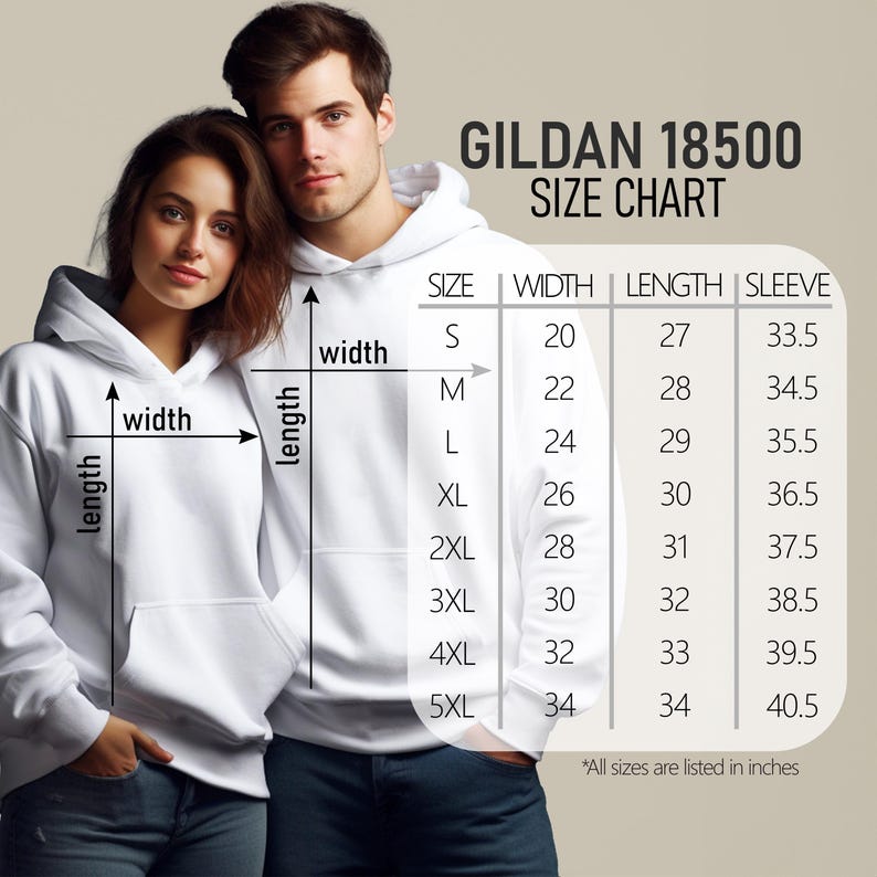 Puede incluir: Una pareja modela sudaderas con capucha blancas Gildan 18500. Una tabla de tallas muestra medidas en pulgadas para ancho, largo y largo de manga, desde la S hasta la 5XL. La tabla incluye el texto "All sizes are listed in inches."