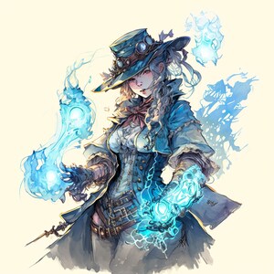 May include: A woman with long white hair wearing a blue and white outfit and a blue hat with goggles. She is holding two glowing blue orbs in her hands.