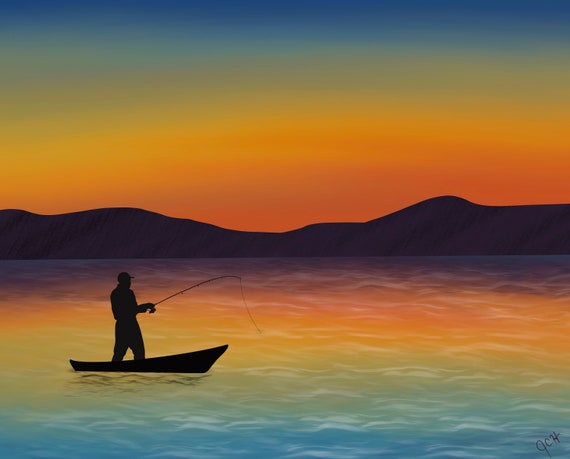 Fishing at Sunset Painting Original Artwork Instant Download