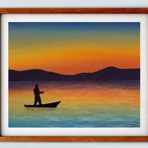 Pintura de pesca ao pôr do sol - Obra original - Download instantâneo - Arte da parede do pôr do sol na praia - Arte da parede do pescador