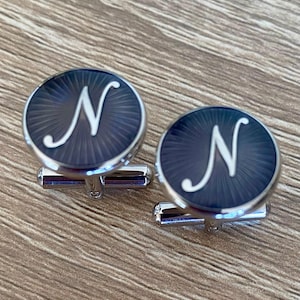 N Initial Script Cufflinks Set in Enamel