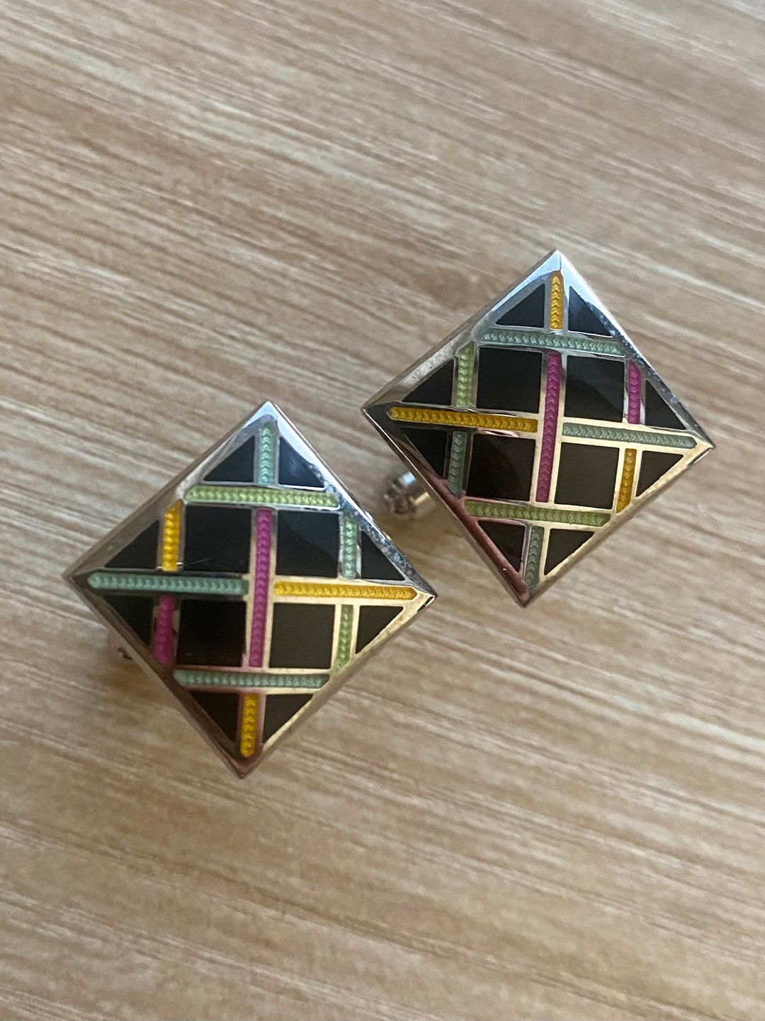 Boutons De Manchette Duchamp Homme Carrés ASTER HARLEQUIN - Émail Multicolore, Acier Inoxydable, Royaume-Uni