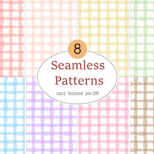 May include: A collection of eight seamless grid patterns in various pastel colors including pink, yellow, green, blue, purple, and brown. A central oval badge displays the text 8 Seamless Patterns 12x12 Vectored 300 DPI in dark red font.
