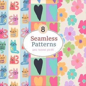 May include: A digital graphic featuring three vertical panels of seamless patterns. The left panel shows colorful cartoon cats on light blue stripes. The center panel displays a grid of hearts in various colors. The right panel shows floral motifs.