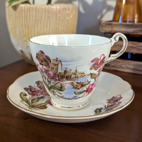 Royal Stuart Newfoundland Tea Cup and Saucer Bone China made in England Featuing Flowers and Gros Morne National Park