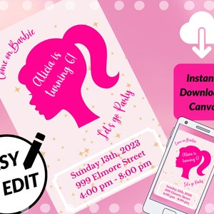 Doll Party Invitation, Doll Birthday Party, Hot Pink Birthday Party Invitation, Pink Doll Birthday Invitation, Doll Invitation, Template