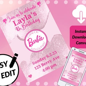 Doll Party Invitation, Doll Birthday Party, Hot Pink Birthday Party Invitation, Pink Doll Birthday Invitation, Doll Invitation, Template