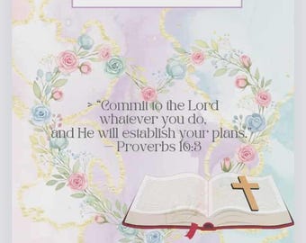 May include: A digital art print with a watercolor background in pastel colors. The text "Pray-Plan-Praise" is at the top. A heart-shaped floral wreath surrounds a Bible with a wooden cross. The text reads "Commit to the Lord..."