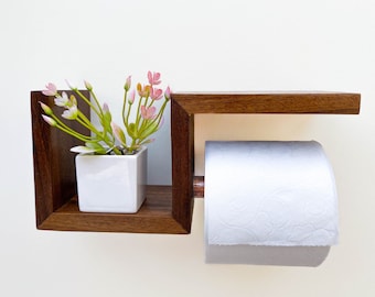Rustic Wooden Toilet Paper Holder with Shelf - Farmhouse Bathroom Decor