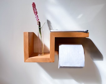 Rustic Wooden Toilet Paper Holder with Right Wall Shelf - Easy Storage for WC Roll in Natural Wood